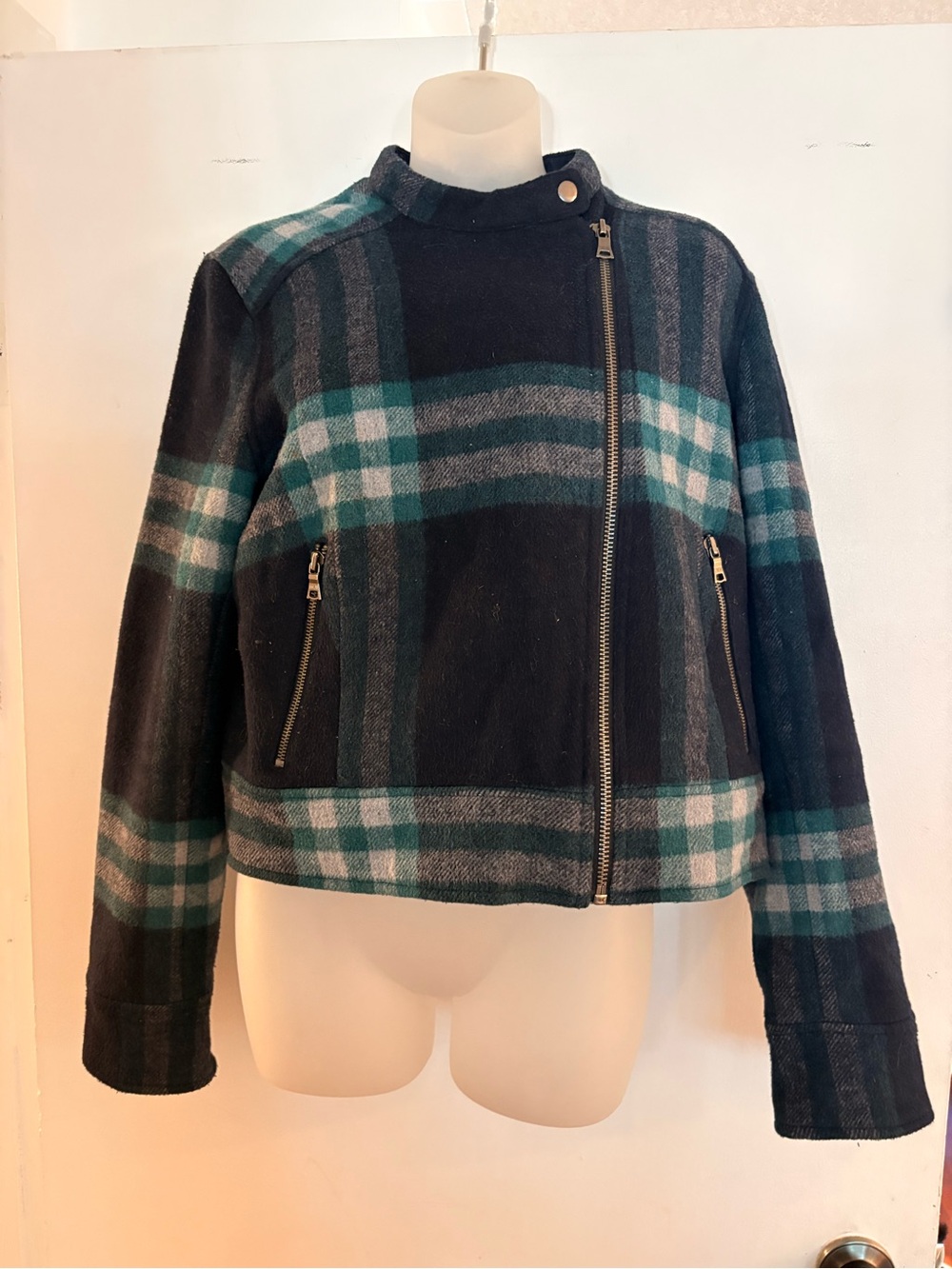 Vintage Plaid Asymmetrical Zip Women's Jacket - Teal & Black